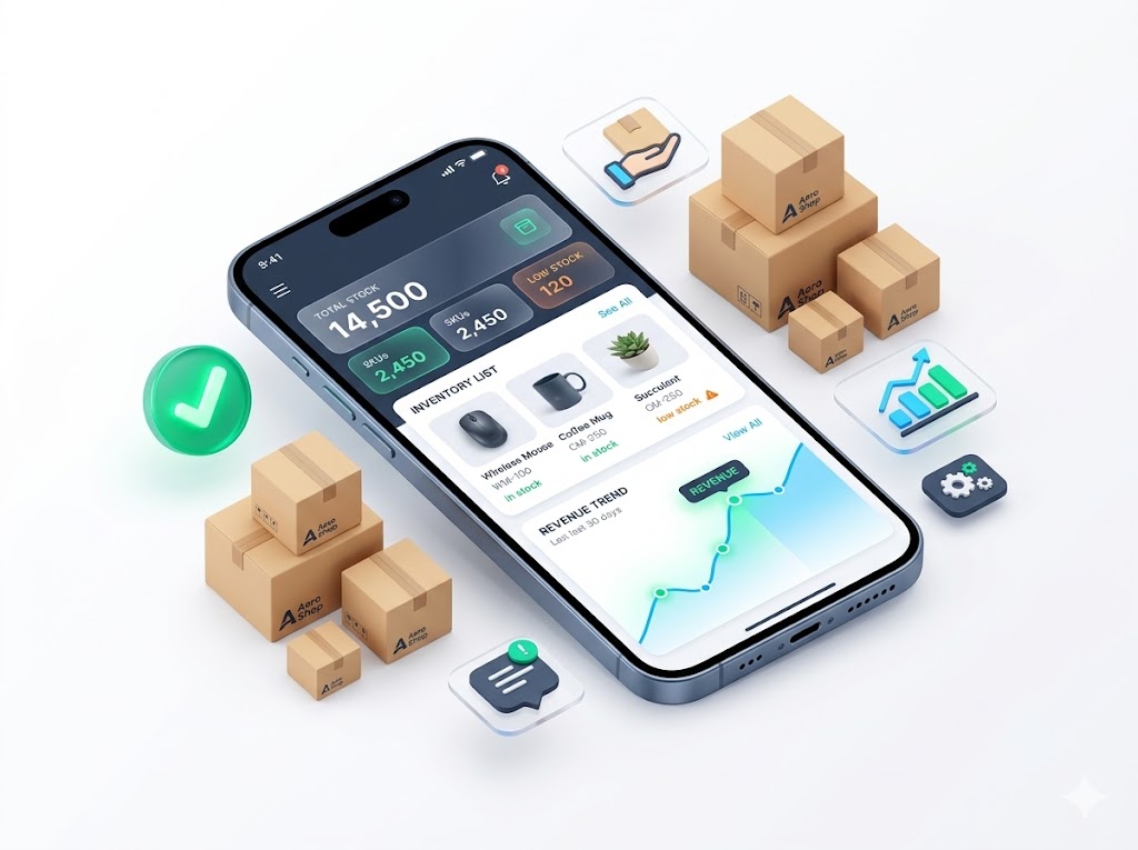 Merchant dashboard showing physical inventory tracking and order management
